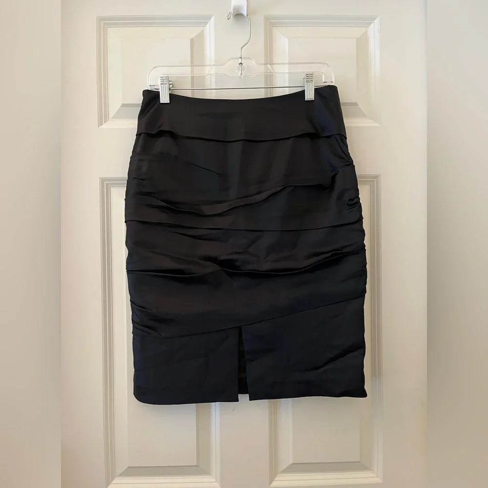 White House Black Market  Black Satin ruched Tiered Pencil Skirt Holiday size 6